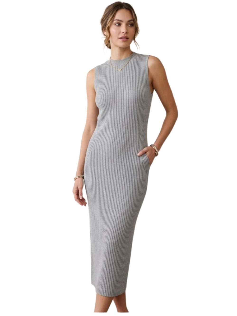 Magaschoni Women's Silver Grey Ribbed Knit Sleeveless Midi Sheath Dress Large